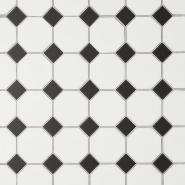 Bedrosians Le Cafe Black and White Octagon Porcelain Mosaic (2x2) - Matte Floor and Wall Mosaic Sheet | Item Code 100002421