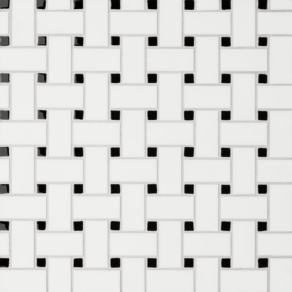 Bedrosians Le Cafe 1" x 2" Basket Weave Porcelain Mosaic Tile in Matte White/Black W/Glossy Dot | Item Code 100002430