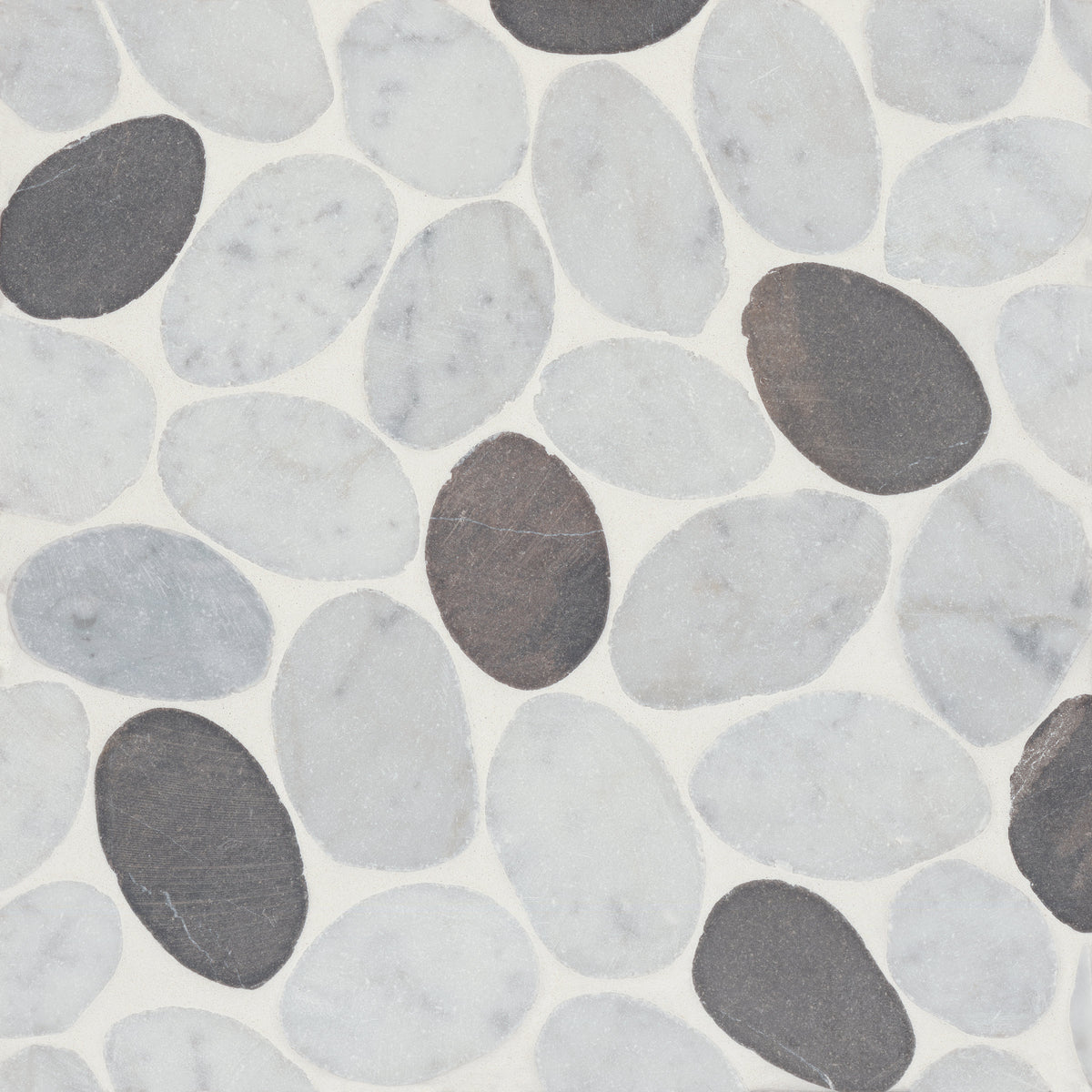 Bedrosians Waterbrook Jumbo Sliced Pebble Mosaic in White Carrara & Dark Grey | Item Code 100003096