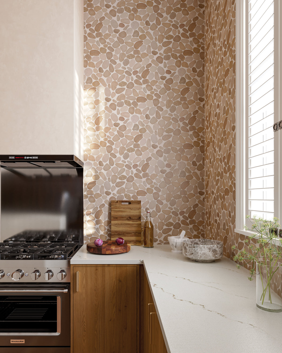 Mosaic: Bedrosians Waterbrook Jumbo Sliced Pebble Mosaic in Tan
