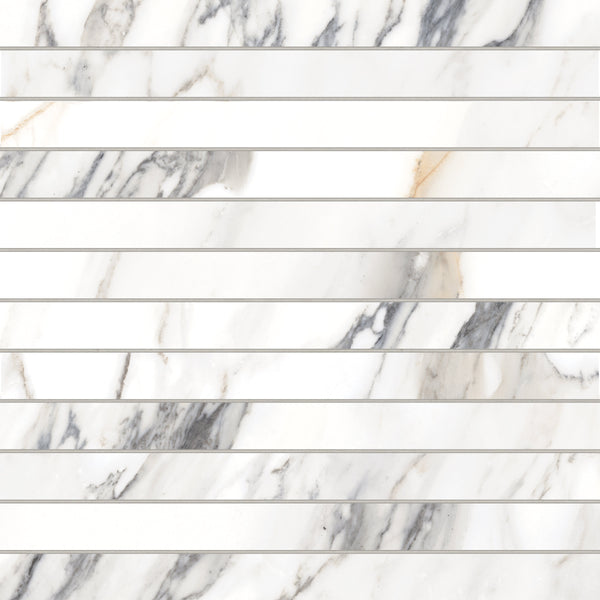 Bedrosians Prati 1" x 12" Honed Porcelain Mosaic in Calacatta Borghini Warm | Item Code 100006011