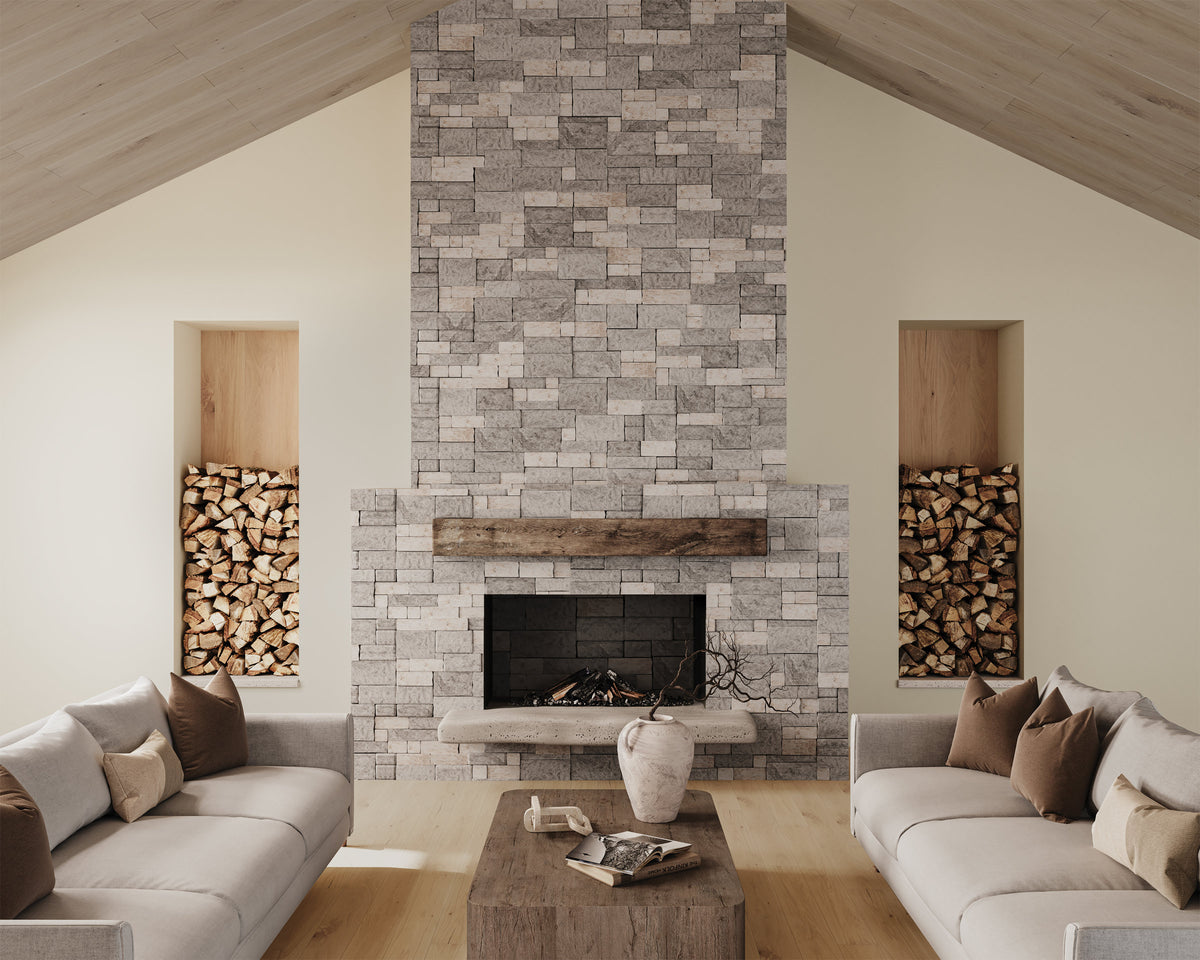 The collection: Bedrosians Tumbled Ledger 8" x 22" Limestone Wired Mesh in Mixed Beige & Grey