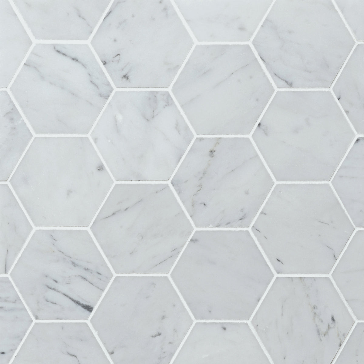 Bedrosians White Carrara 3" Hexagon Honed Marble Mosaic | Item Code 100007311