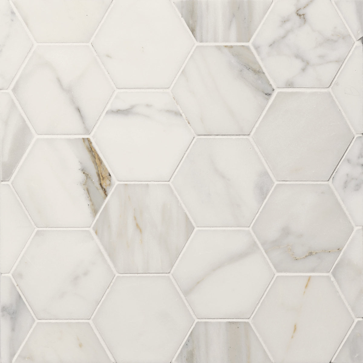 Bedrosians Calacatta Oro 3" Hexagon Honed Marble Mosaic | Item Code 100007312