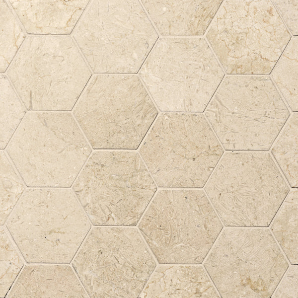 Bedrosians Crema Marfil 3" Hexagon Honed Marble Mosaic | Item Code 100007314