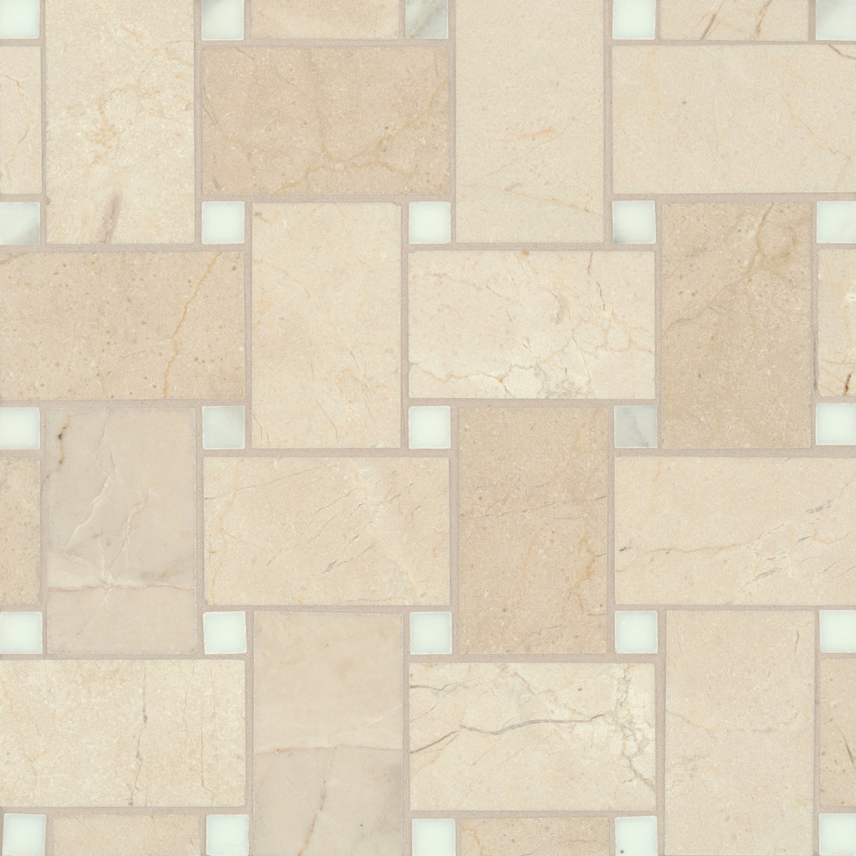 Bedrosians Jumbo Basketweave Honed Marble in Crema Marfil with Calacatta Dot | Item Code 100007360