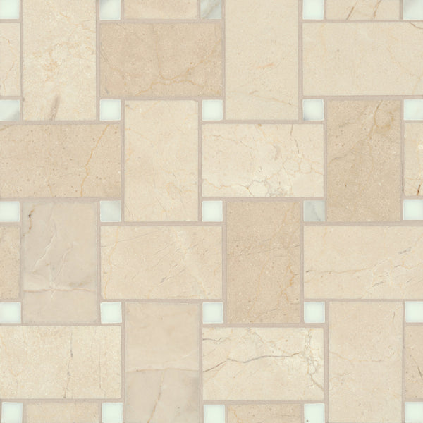 Bedrosians Jumbo Basketweave Honed Marble in Crema Marfil with Calacatta Dot | Item Code 100007360