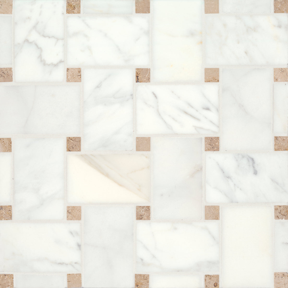 Bedrosians Jumbo Basketweave Honed Marble in Calacatta with Jura Beige Dot | Item Code 100007365