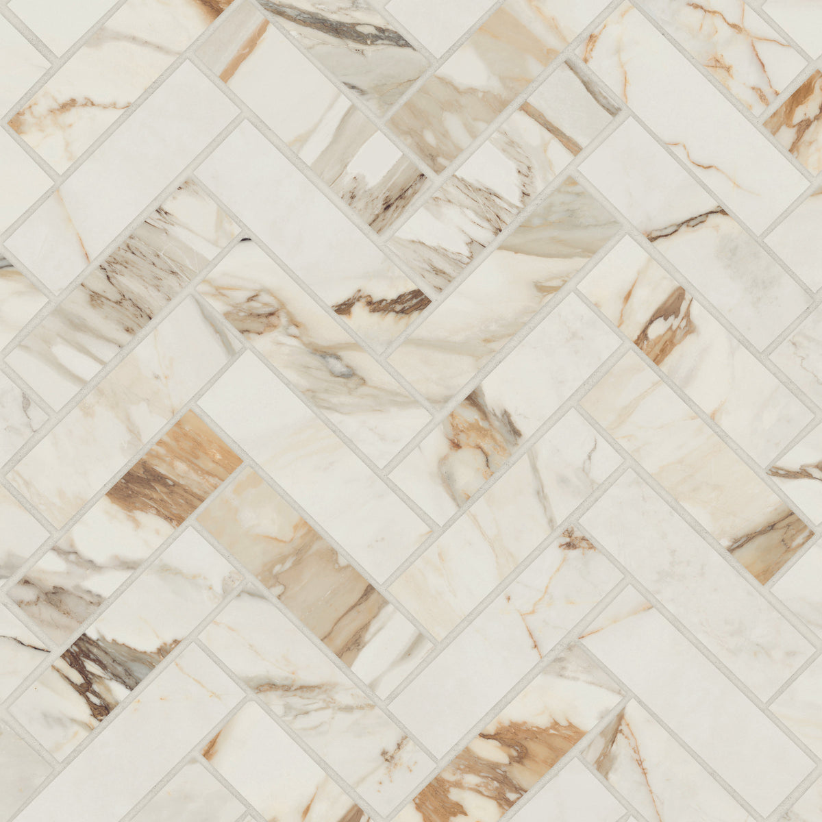 Bedrosians Magnifica Era 1" x 4" - 8mm Satin Porcelain Herringbone Mosaic Tile in Calacatta Borghini | Item Code 100007456