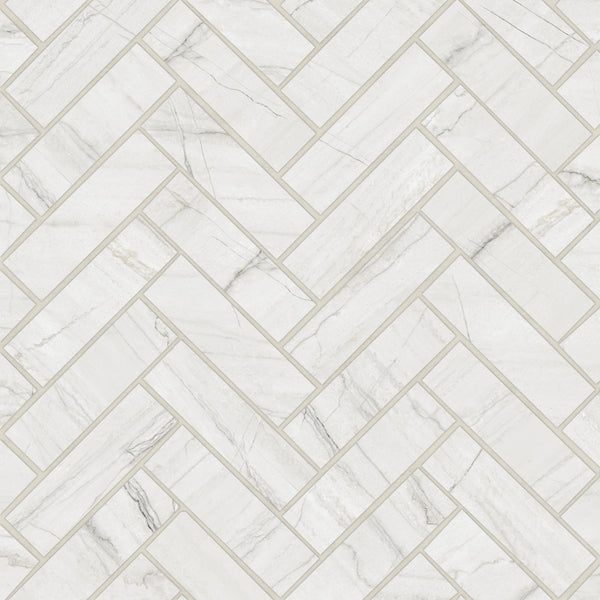 Bedrosians Magnifica Era 1" x 4" - 8mm Satin Porcelain Herringbone Mosaic Tile in Mont Blanc | Item Code 100007476