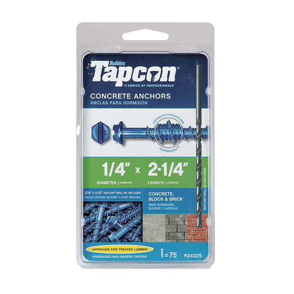 Bedrosians Tapcon 1/4 in. x 2-1/4 in. Hex-Washer-Head Concrete Anchors (75-Pack) | Item Code ALDTAPCON14X214H
