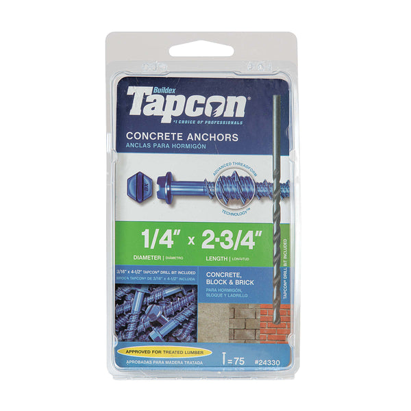 Bedrosians Tapcon 1/4 in. x 2-3/4 in. Hex-Washer-Head Concrete Anchors (75-Pack) | Item Code ALDTAPCON14X234H