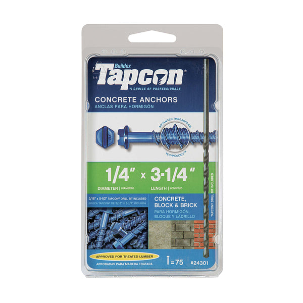 Bedrosians Tapcon 1/4 in. x 3-1/4 in. Hex-Washer-Head Concrete Anchors (75-Pack) | Item Code ALDTAPCON14X314H
