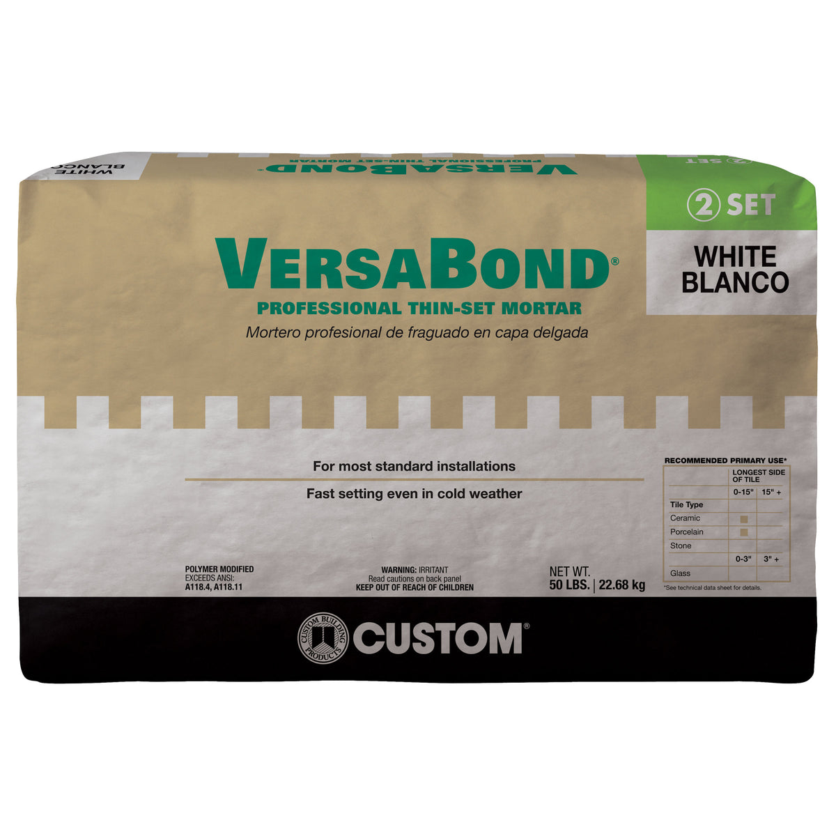 Bedrosians Custom VersaBond White Thin-Set Mortar (50 lb) - Polymer-Modified Thinset for Tile and Stone | Item Code CUSMRT-VBW-50