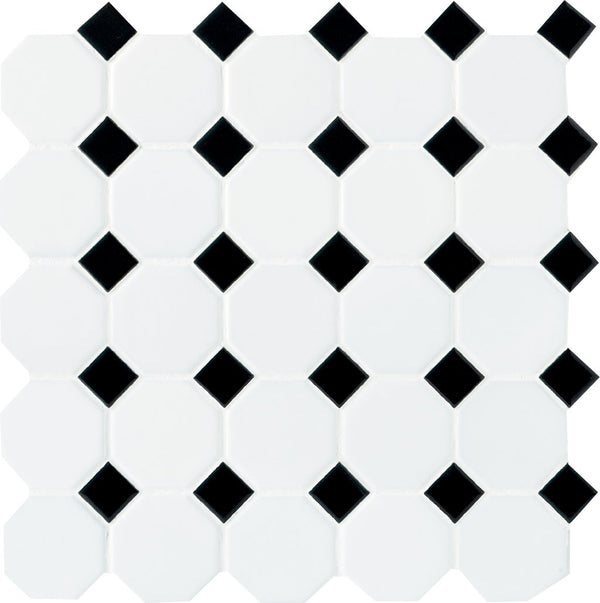 Daltile Octagon & Dot Matte White, Octagon / Black Dot, 2, Matte | Daltile SKU 65012OCT21MS1P2