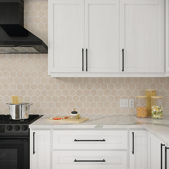 Daltile Mesmerist Trance 4-inch hexagon installed in a residential room (image: Daltile)