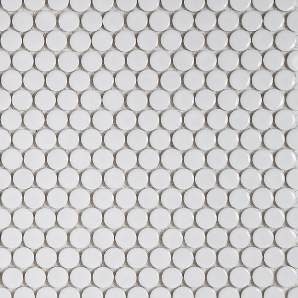 Bedrosians 360 3/4" x 3/4" Penny Round Glossy Mosaic Tile in White | Item Code DEC360WHI34G