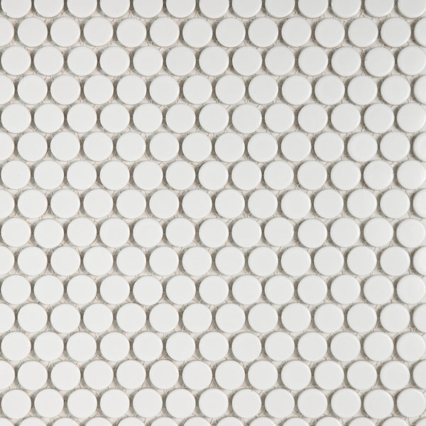 Bedrosians 360 3/4" x 3/4" Penny Round Matte Mosaic Tile in White | Item Code DEC360WHI34M