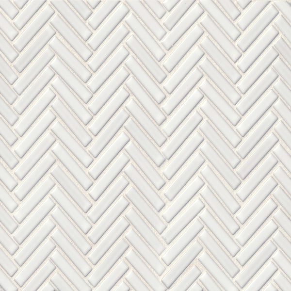 Bedrosians 90 1/2" x 2" Herringbone Porcelain Mosaic Tile in White | Item Code DEC90WHI122MO