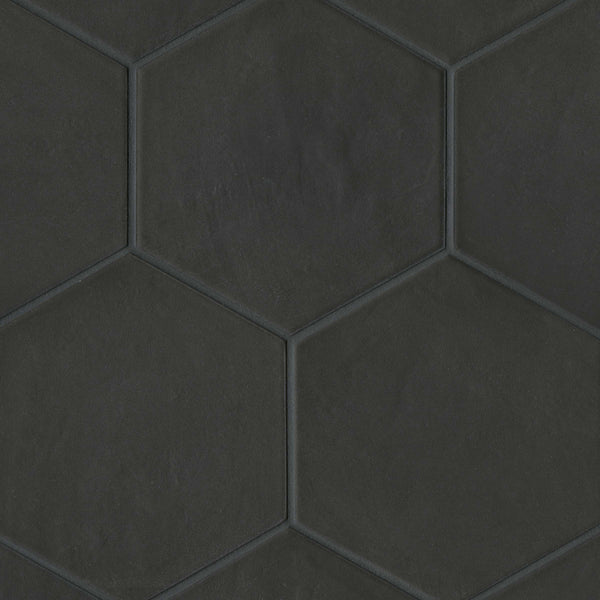 Bedrosians Allora 8.5" x 10" Hexagon Matte Porcelain Tile in Solid Black | Item Code DECALLBLAHEXM