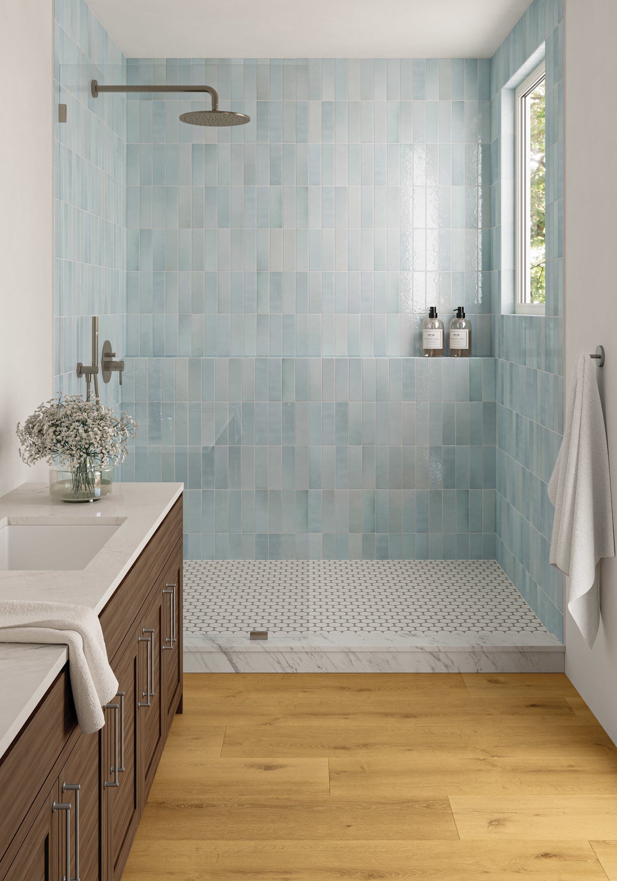 Floor: Bedrosians Makoto 2" Round Matte Porcelain Mosaic Tile in Shoji White
