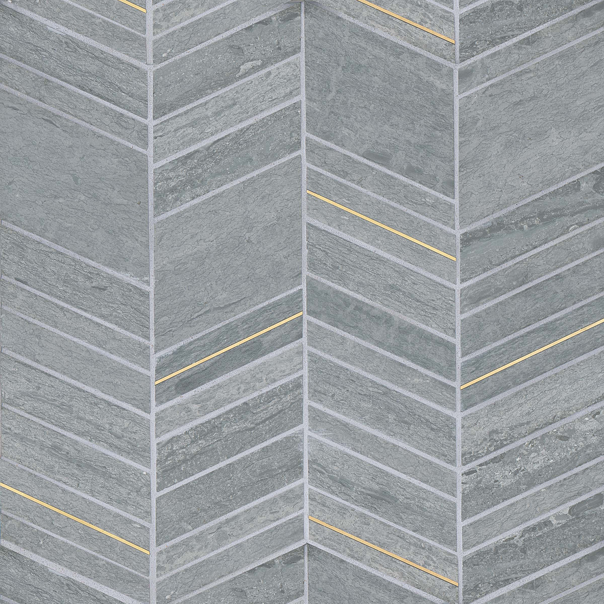 Bedrosians Ferrara Honed Chevron Marble Mosaic Tile with Brass in Argento | Item Code DECFERARGCHEMOH