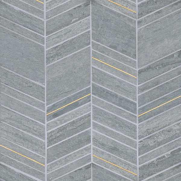 Bedrosians Ferrara Honed Chevron Marble Mosaic Tile with Brass in Argento | Item Code DECFERARGCHEMOH