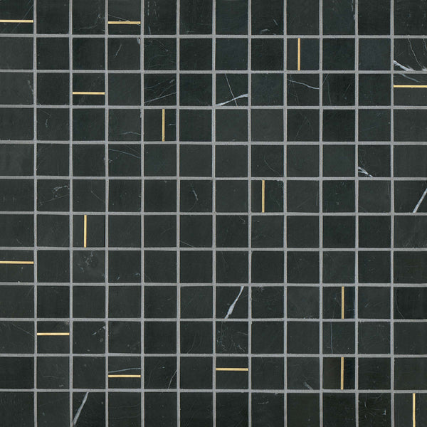 Bedrosians Ferrara 1" x 1" Honed Marble Mosaic Tile with Brass in Nero | Item Code DECFERNER11MOH