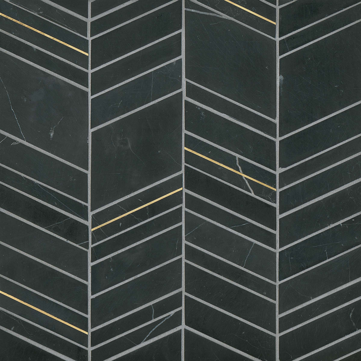 Bedrosians Ferrara Honed Chevron Marble Mosaic Tile in Nero | Item Code DECFERNERCHEMOH