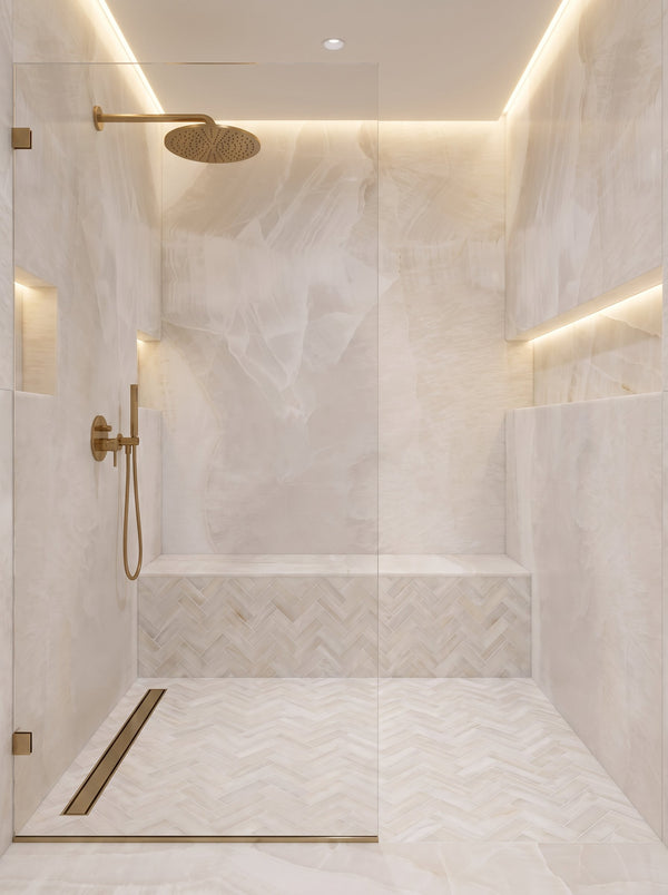Bedrosians Magnifica Era 1" x 4" - 8mm Honed Herringbone Porcelain Mosaic Tile in Crystal Onyx | Item Code 100011626