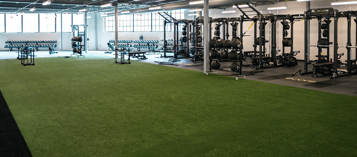 RageTurf Rally Green roll, installed in a training gym (image: Ecore) | SKU LMNT-000738
