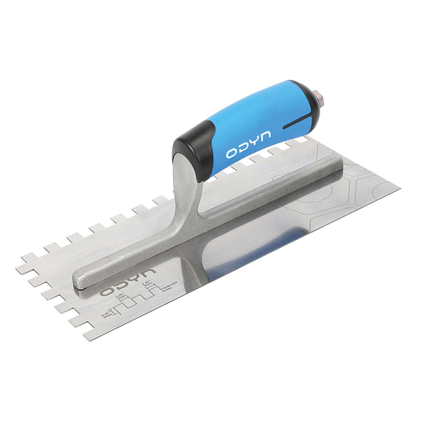 Bedrosians 11x3/8x3/8 Square-Notch Stainless Steel Trowel w/Soft Handle | Item Code ODYTROSSSQ38SH