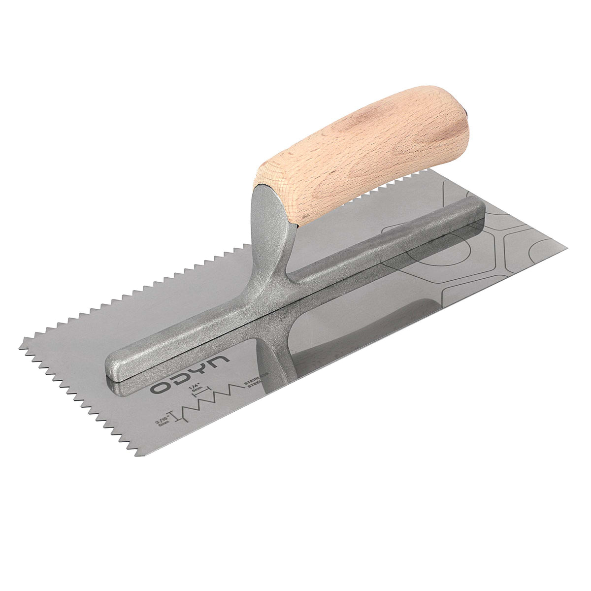 Bedrosians Odyn 11 in. x 1/4 in. x 3/16 in. V-Notch Stainless Steel Trowel | Item Code ODYTROSSV14316WH