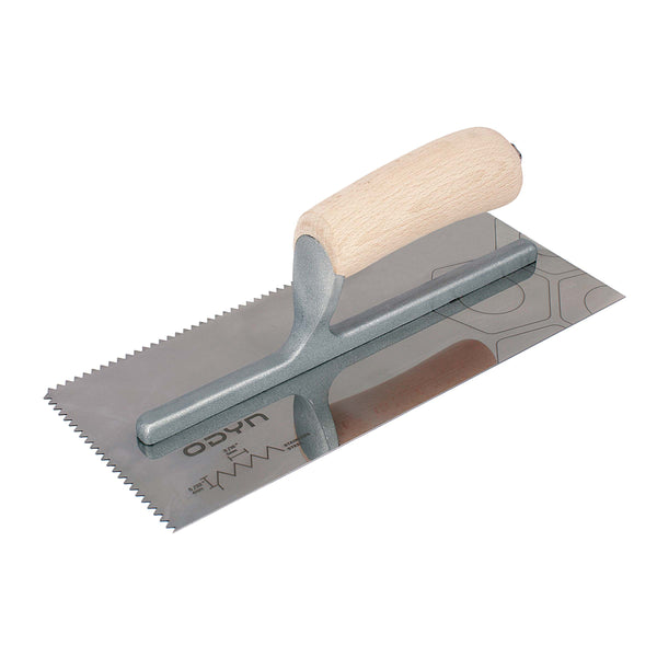 Bedrosians Odyn 11 in. x 3/16 in. x 5/32 in. V-Notch Stainless Steel Trowel | Item Code ODYTROSSV316WH