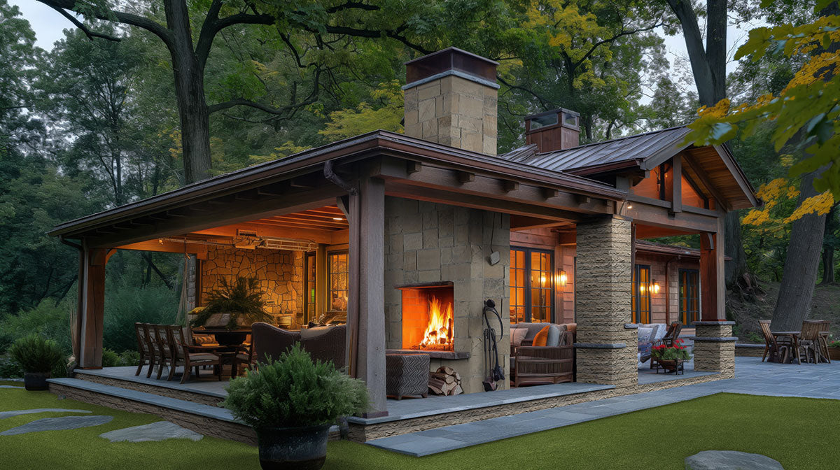 Evergrass Emerald Green Turf 76 oz, installed in a backyard patio with outdoor fireplace (image: MSI) | SKU LTRFREME15X100-40MM76OZ