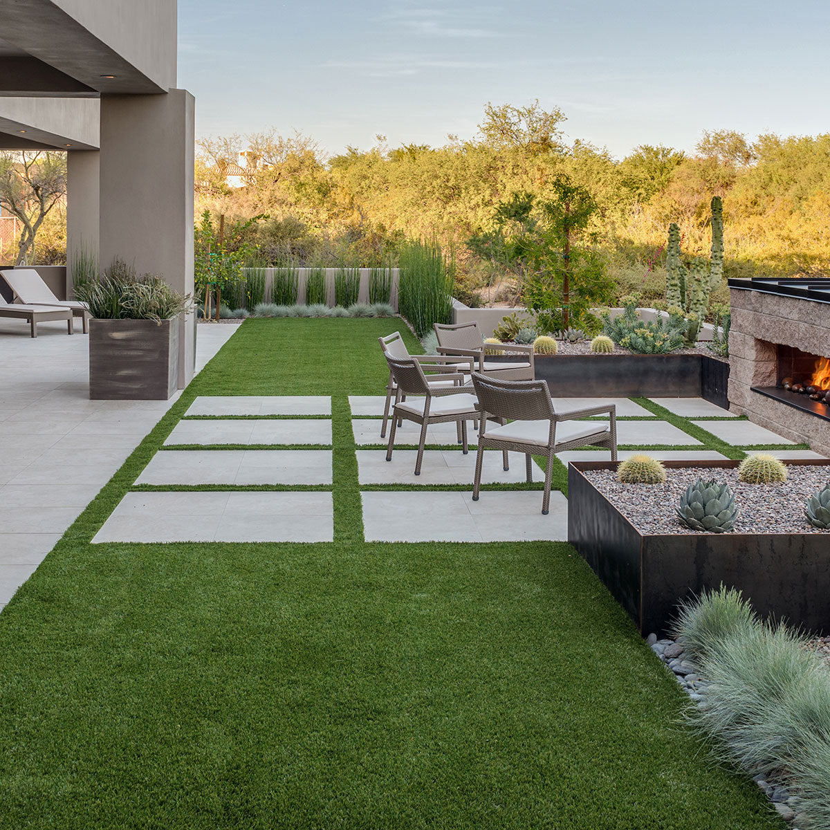 Evergrass Emerald precut turf installed between pavers (image: MSI)