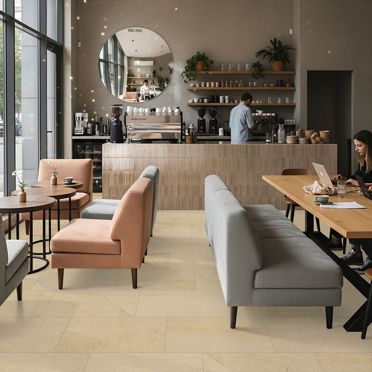 Gems Chocolate 5x10 glossy tile in a commercial interior
