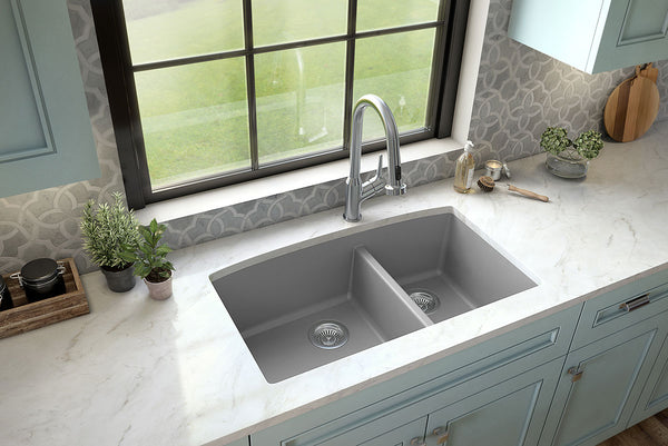 MSI Quartz Composite Undermount Double Bowl Sink 60/40 in Gray, installed in a room setting