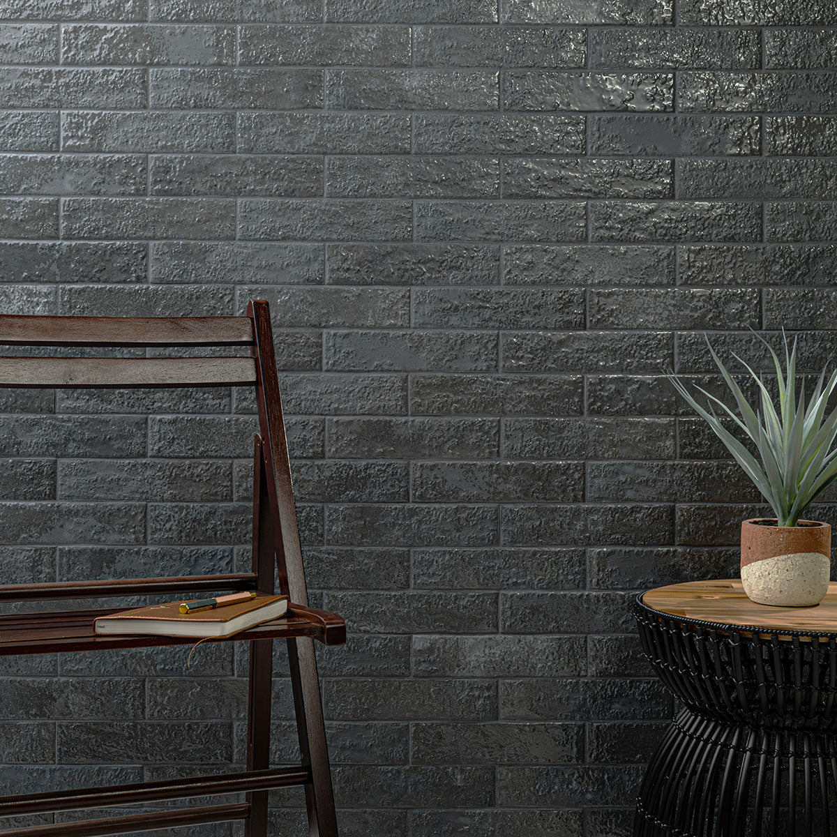 Mattonella Carbone 2.5x10 tile installed on an interior wall