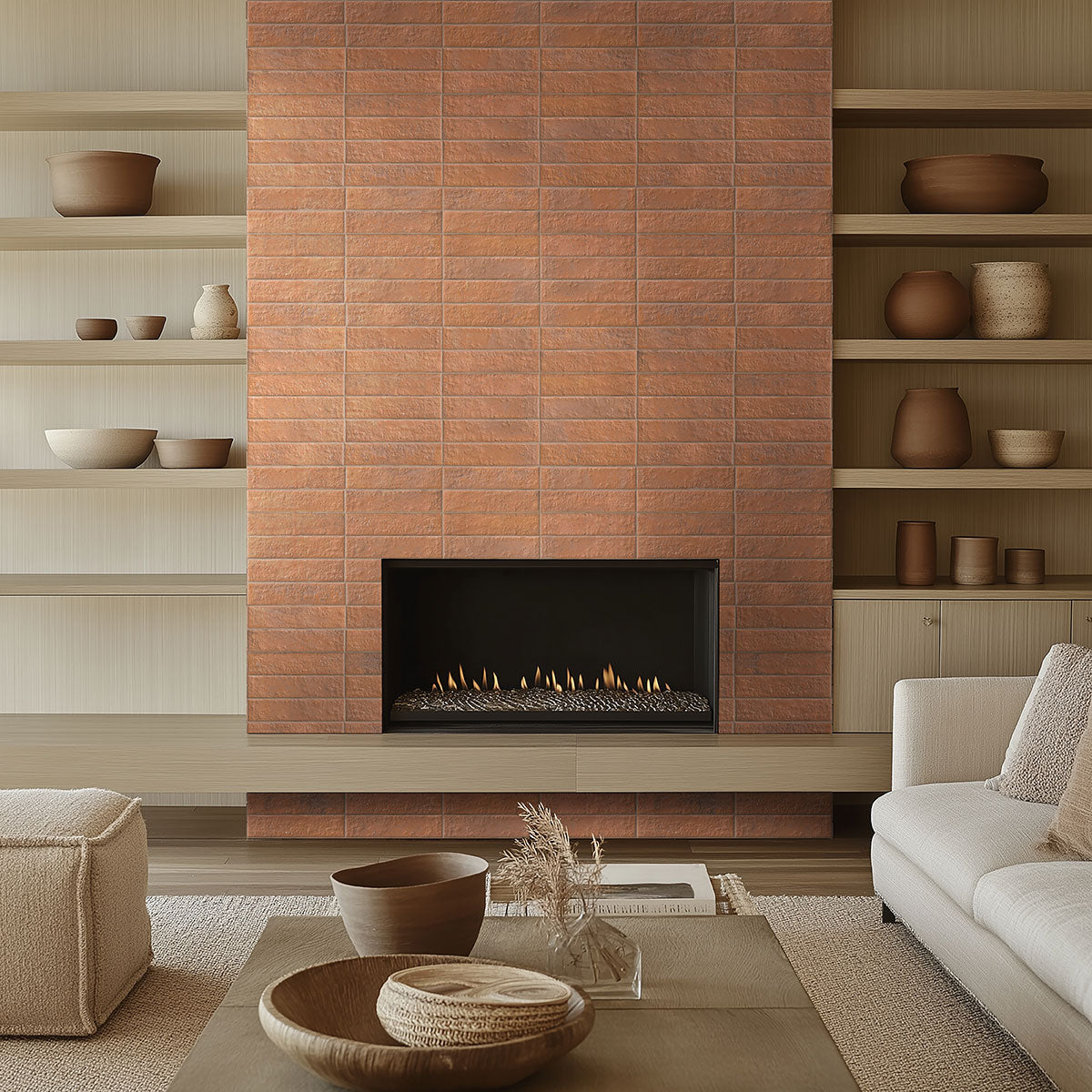 Mattonella Cotto 2.5x10 tile on a living room feature wall