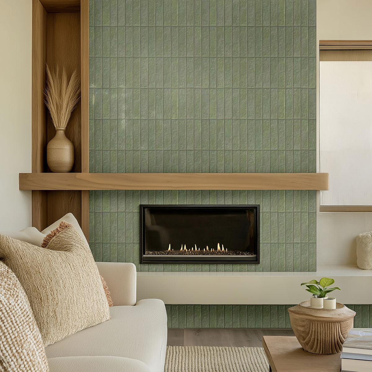Mattonella Giada 2.5x10 tile on a living room fireplace wall