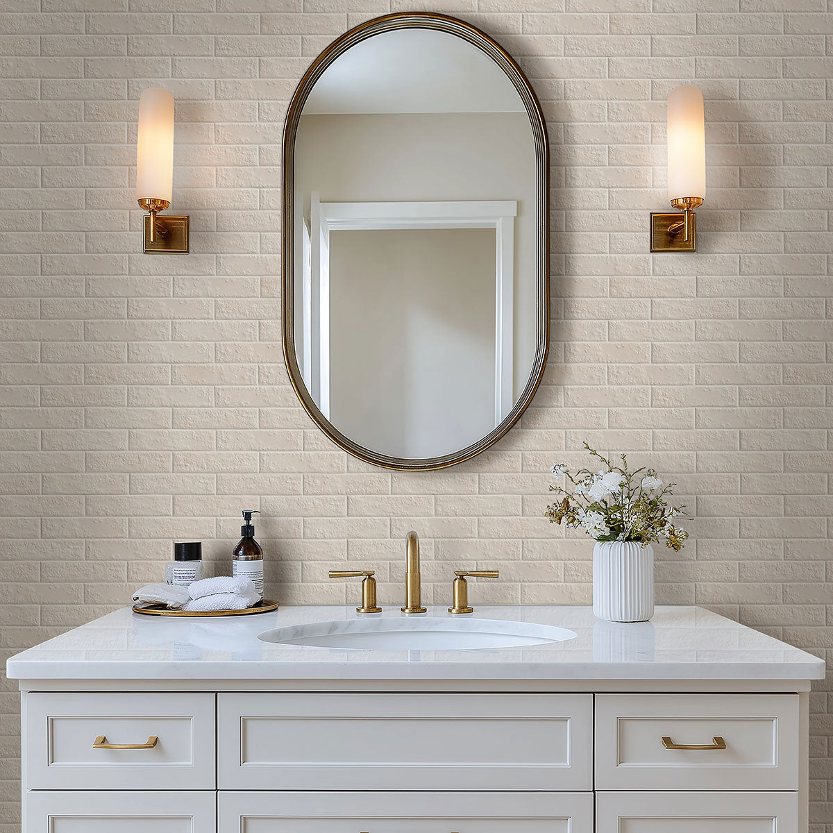 Mattonella Neve 2.5x10 tile on a bathroom vanity wall