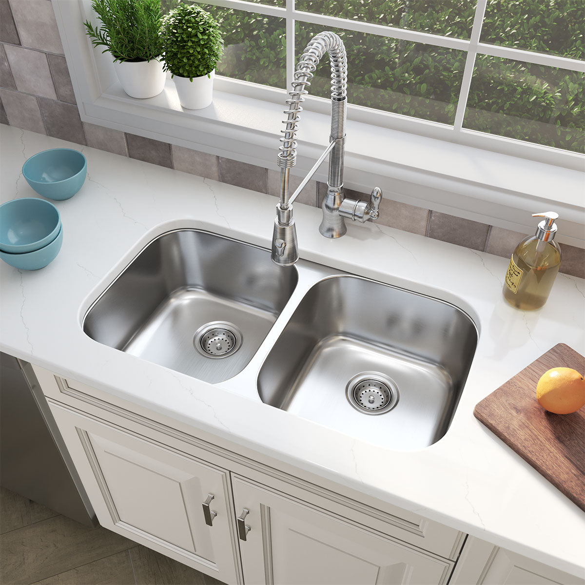 MSI 18-Gauge Stainless Steel Undermount Double Bowl Sink 50/50, installed in a room setting