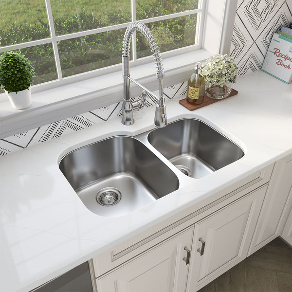 MSI 18-Gauge Stainless Steel Undermount Double Bowl Sink 60/40, installed in a room setting
