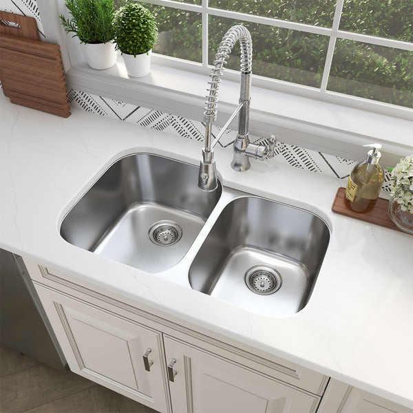 MSI 18-Gauge Stainless Steel Undermount Double Bowl Sink 60/40, installed in a room setting