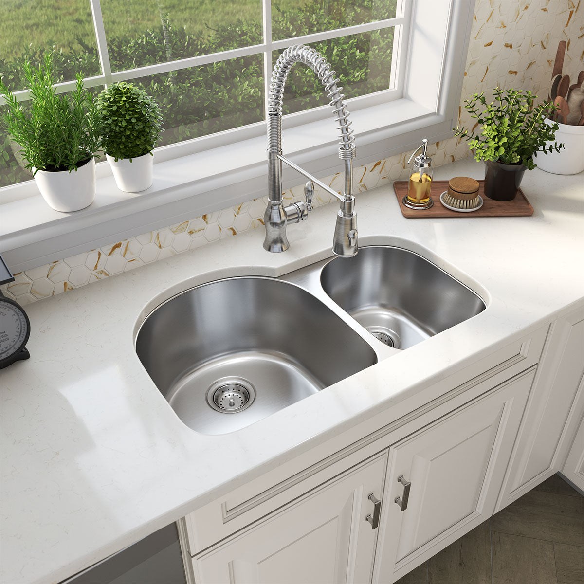 MSI 18-Gauge Stainless Steel Undermount Double Bowl Sink 60/40, installed in a room setting