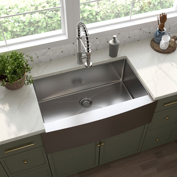 MSI 16-Gauge Stainless Steel Farmhouse Apron Single Bowl Sink, installed in a room setting