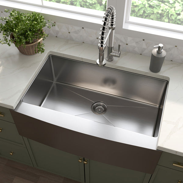 MSI 16-Gauge Stainless Steel Farmhouse Apron Single Bowl Sink, installed in a room setting