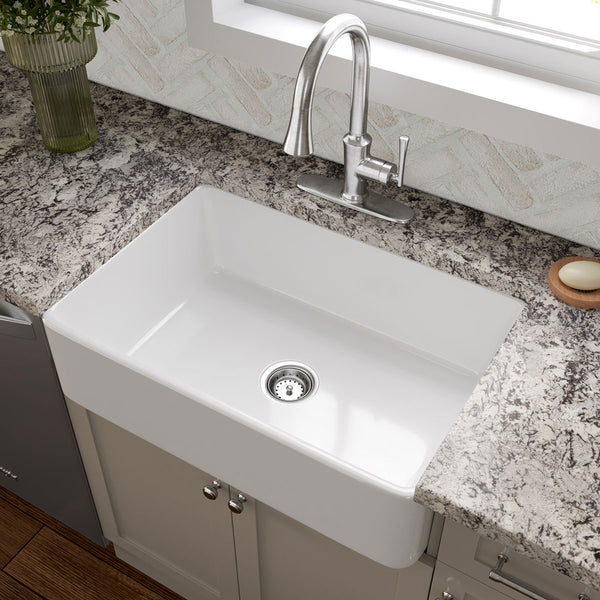 MSI Fireclay Farmhouse Single Bowl Sink in White, installed in a room setting