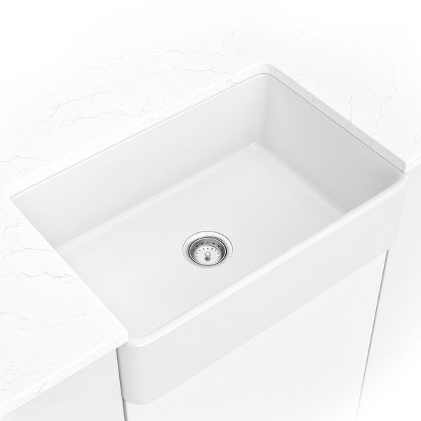 MSI Fireclay Farmhouse Single Bowl Sink in White, installed in a room setting